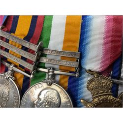 South Africa/WW1 Distinguished Service Order group of seven medals comprising D.S,O. with original ribbon bar and top bar slider, Queens South Africa Medal with three clasps for Defence of Kimberley, Orange Free State and Transvaal, Kings South Africa Medal with two clasps for South Africa 1901 & 1902 awarded to Capt. C.J. O'Gorman D.S.O. R.A.M.C., 1914-15 Star, British War Medal and Victory Medal with MID oak leaves awarded to Major (later Lt. Col.) C.J. O'Gorman D.S.O. R.A.M.C. and Kimberley Star 1899-1900; together with copies of research and biographical material