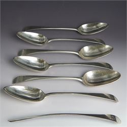 Set of six George III silver Old English pattern serving spoons, each engraved with monogr...