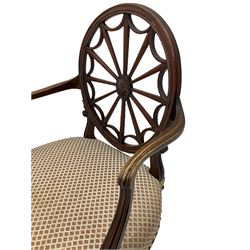 George III mahogany Hepplewhite design elbow chair, oval spider back with carved floral oval cartouche, moulded curved and sweeping arms and supports, upholstered serpentine seat, foliate carved turned and fluted front supports