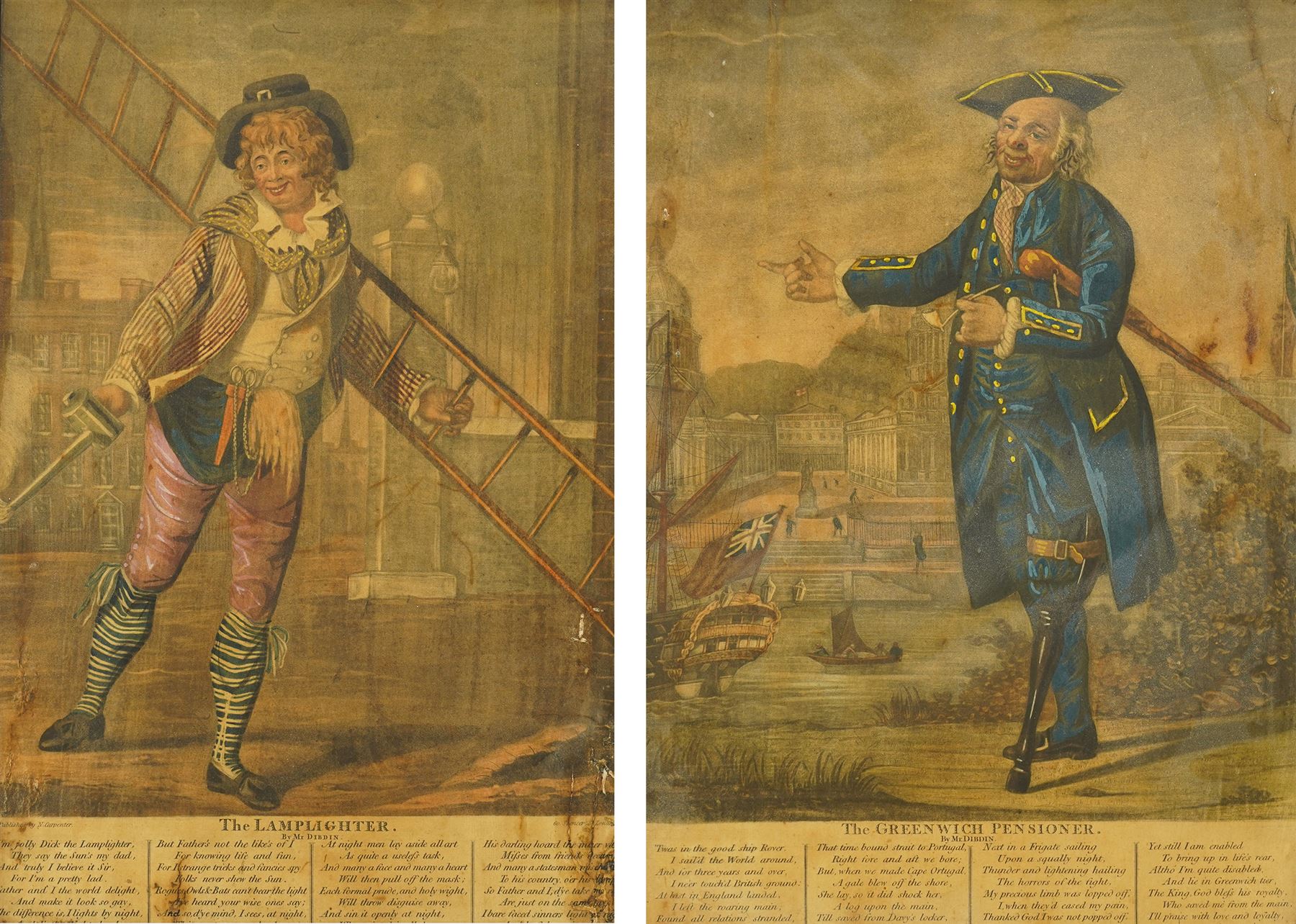 Robert Dighton (British 1752-1814): 'The Lamplighter' and 'The Greenwich Prisoner', pair late 18th century caricature engravings with hand-colouring and poems by  Charles Dibdin pub. Carington Bowles c.1790, 35cm x 24cm (2)