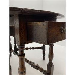 Late 17th century William & Mary oak drop leaf dining table, oval drop leaf top, single drawer to one end, gate action base, turned supports joined by bobbin turned stretchers, 121cm x 135cm, H75cm (open)