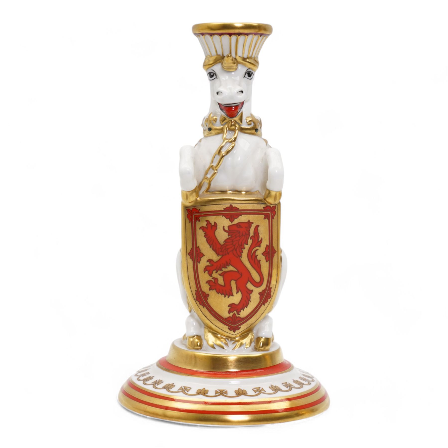 Pair of Minton porcelain heraldic beast candlesticks in the form of a lion and unicorn, limited edition 153/250, for the Silver Jubilee of HM The Queen, H16cm
