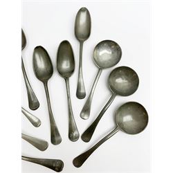 Group of 17th/18th century pewter/latten spoons, comprising five examples with round bowls, two with touch marks to bowls, L18cm, and five examples with partially visible bottom struck touch marks and initials to three terminals, L21cm
