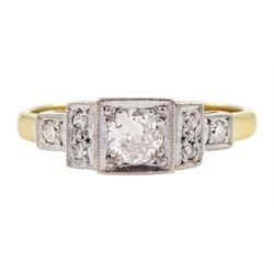 Art Deco milgrain set old cut diamond stepped design ring by Henry Griffith & Sons Ltd, stamped 18ct Plat, principal diamond approx 0.20 carat