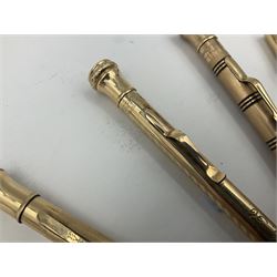 Five gold filled Wahl Eversharp propelling pencils, together with a silver propelling pencil, hallmarked London 1946, J.M.Co Johnson, Matthey & Co, and two further gold filled propelling pencils, one with box, largest L13cm (8)
