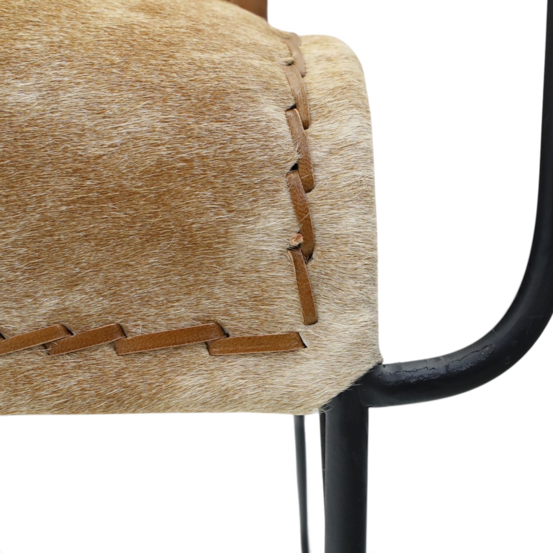 Mid century style cocktail cowhide chair, upholstered in tan cowhide, rectangular back and curved seat with stitched panels and laced borders, shaped wooden armrests on curved black metal supports 