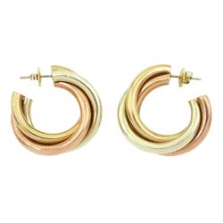  Pair of 9ct gold tri-coloured gold hoop stud earrings, hallmarked