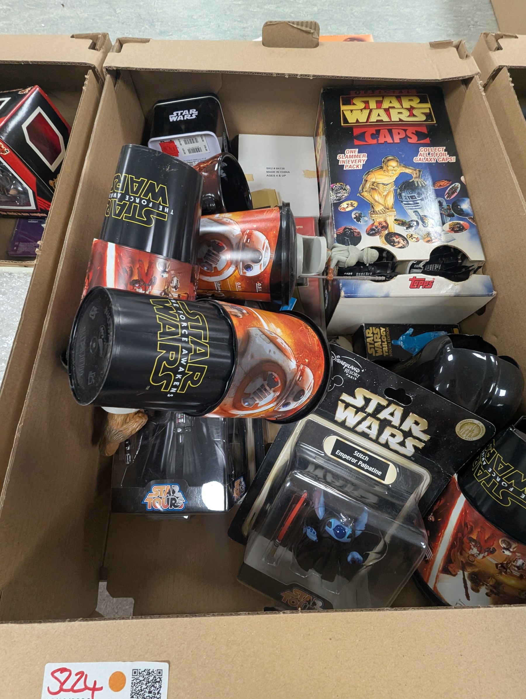 Star Wars collectables, including Mandalorian helmet, Topps foil caps, plastic cups, mug, figures, Masterworks Movie collection, Return of the Jedi Poster, magnets, watch, etc,in three boxes
