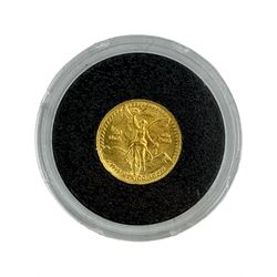 Three gold coins, from 'The Smallest Gold Coins of the World Collection', comprising China 900/1000 1 gram, China 999/1000 one twentieth of an ounce and Mexico 900/1000 one twentieth of an ounce, all with Westminster certificates (3)