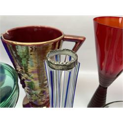 Victorian, Art Deco and later glassware, to include glass bud vase, with blue glass trail overlay and hallmarked silver collar, set of five coloured wine glasses, tankard with etched floral decoration, green glass bon bon dish with cover, and wine glass with red air twist stem together with an Art Deco lustre jug and costume brooch, etc 