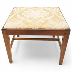 George III mahogany rectangular stool, the seat upholstered in silk damask fabric decorated with foliate pattern, on square tapering supports united by H-stretchers 
