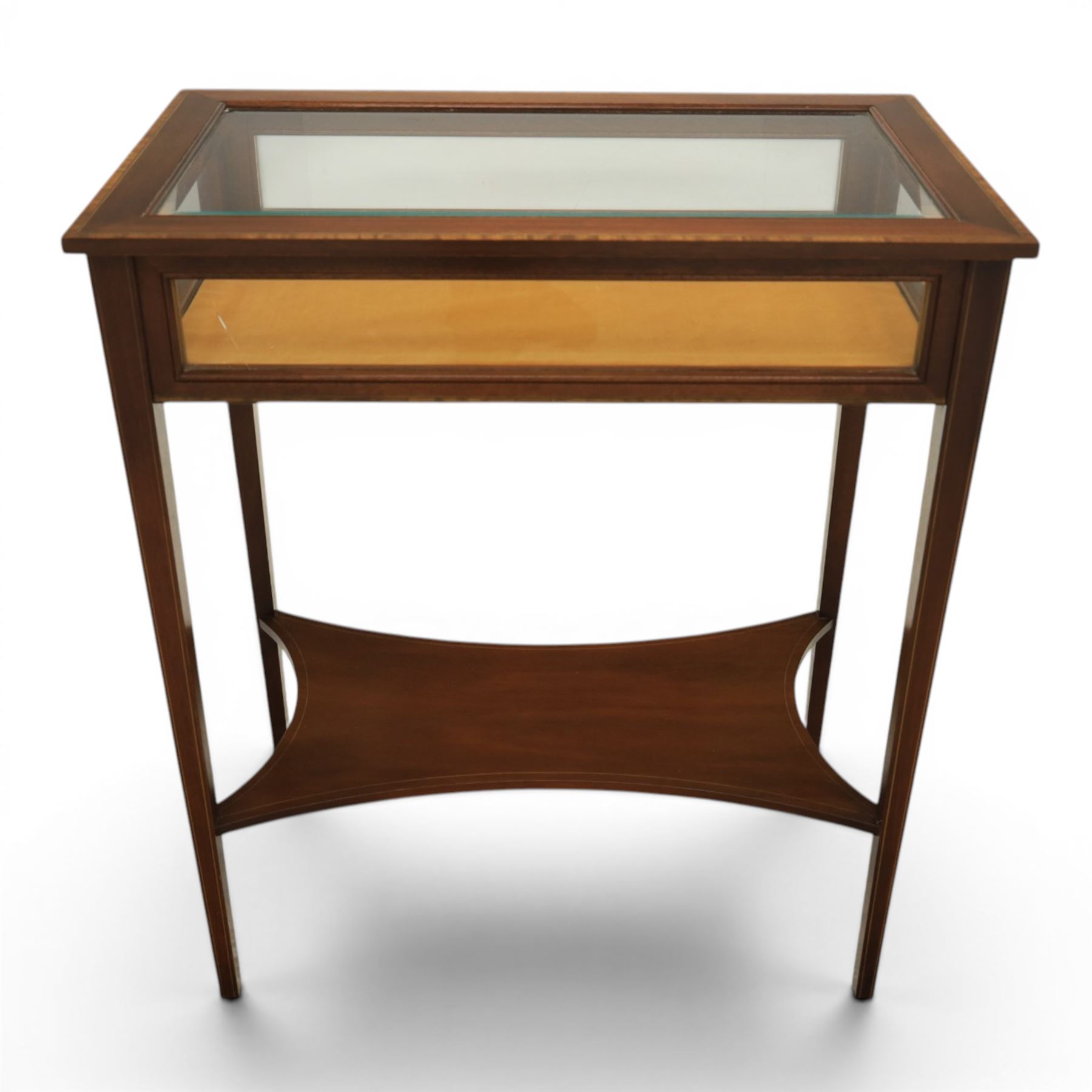 Edwardian inlaid mahogany bijouterie display table, square tapering supports inlay, orange baize lining shaped undertier