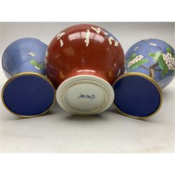20th Century Japanese vase decorated with a blue dragon and gilding upon red yellow ground, bears Fukagawa Seiji mark (a/f), together with pair of blue cloisonné vases of baluster form decorated with blossom, and pair of Japanese vases, tallest H26cm