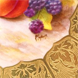 Royal Worcester Cabinet Plate, painted by Leighton Maybury, the central panel painted with fruit, within an elaborate tooled gilt border, marked to base, D28cm 