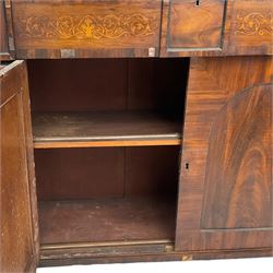Early 19th century rosewood chiffonier, raised sloped arch back with shelf, rectangular top over secretaire frieze drawer, the fall front enclosing satinwood interior fitted with small drawers and pigeonholes, double cupboard below enclosed by arched panelled doors, on rolled front feet
