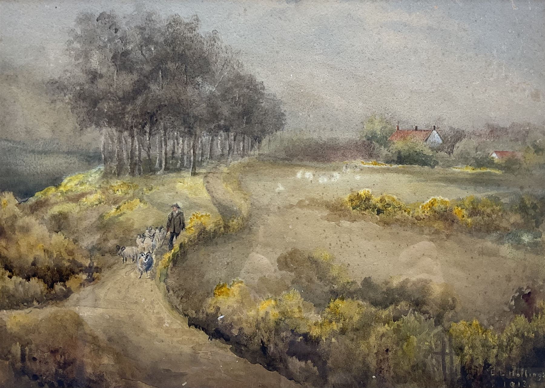 EL Hollings (Student of Frederick William Booty (1840-1924)): Driving Sheep, watercolour signed and dated 1913, 31cm x 44cm