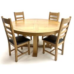 Light oak circular dining table on X-base with straight supports (D150cm, H69cm) and set four ladder back dining chairs (W41cm)