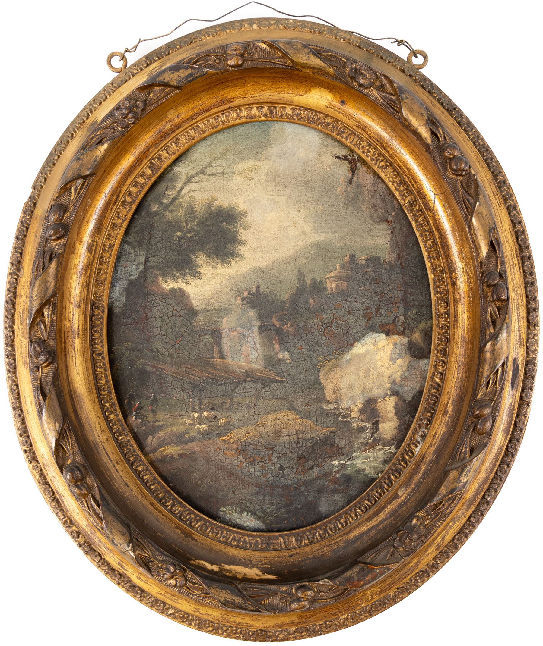 Michele Pagano (Italian 1697-1732): Shepherds Herding Sheep with Distant View of Buildings, oil on canvas signed 29cm x 22cm