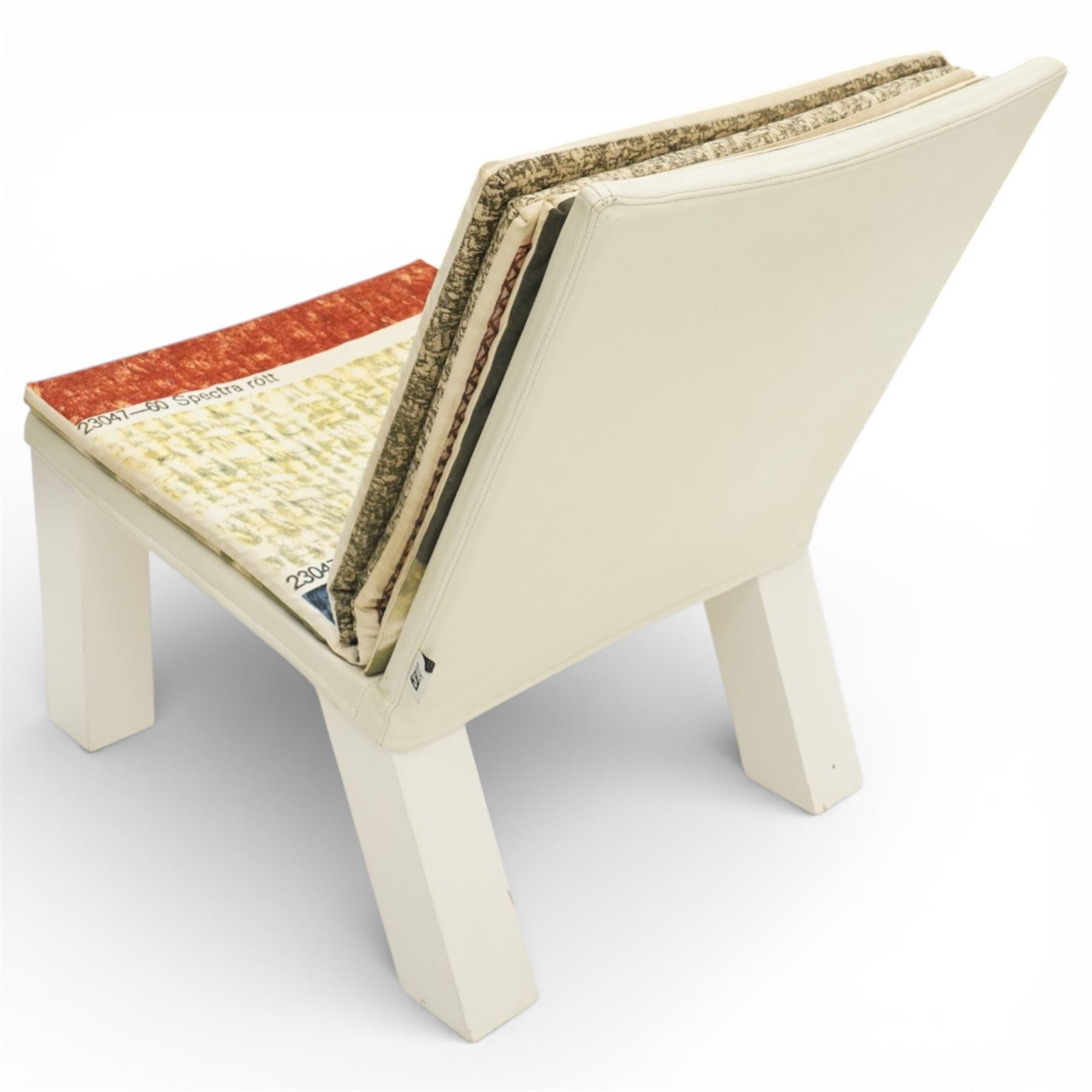 IKEA - ‘Selma’ chair designed by Front in 2009, the shaped wooden frame with white leather back and trim, fitted with cotton cushions with four interchangeable prints inspired by Swedish textile history