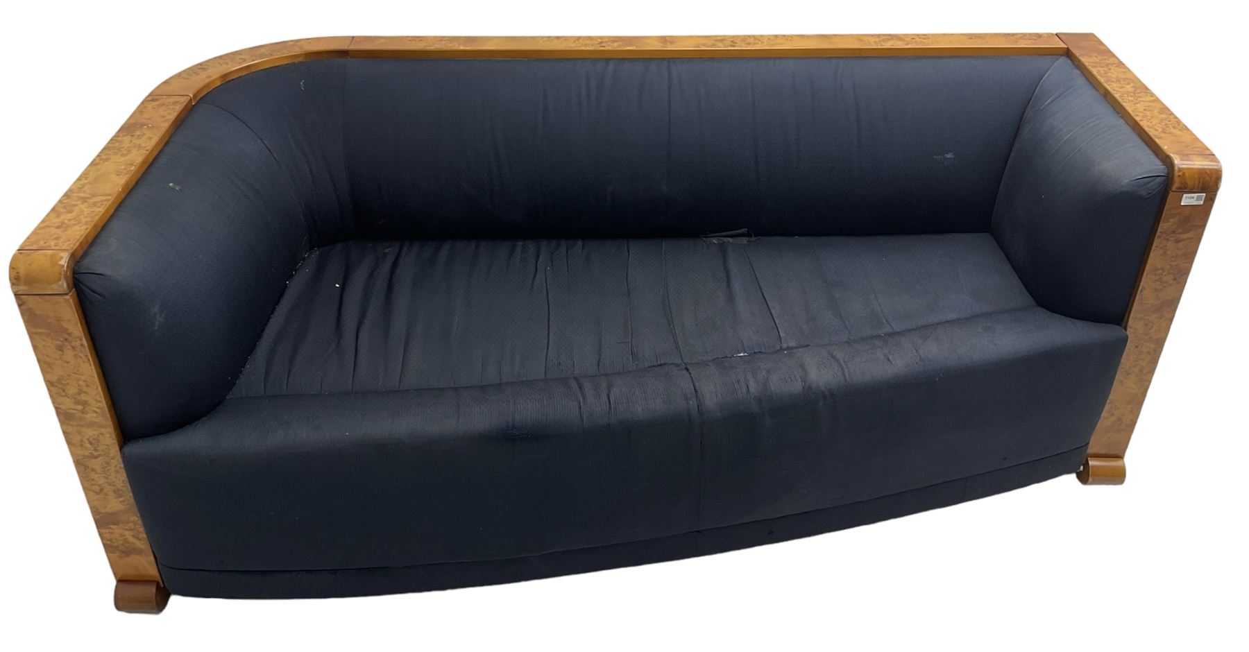 Thormer Polstermobel - Art Deco design three seat sofa, of curved tapering form, upholstered in midnight blue fabric, framed in figured burr elm