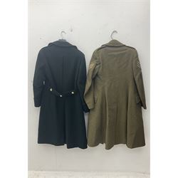 WW2 British female ATS Sergeant's service uniform grouping, consisting of four pocket female pattern service dress tunic with brass ATS shoulder titles and general service buttons; cloth lined interior with the original printed size label dated 1942; the matching khaki service dress skirt; and Greatcoat with size label dated 1945; together with army knitted sleeveless V-neck jumper; WRAC tunic, skirt and overcoat; full length cream and gold thread military evening dress by Hilliers Couture; and four webbing belts