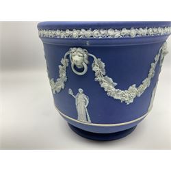 Victorian Wedgwood blue jasperware jardiniere H16.5cm; Victorian copper lustre jug; James Kent art deco style green glazed jug; and Beswick figure of a singing cat (4)