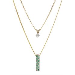  Gold single stone diamond pendant necklace, diamond approx 0.25 carat and a gold emerald and diamond pendant necklace, all hallmarked 9ct