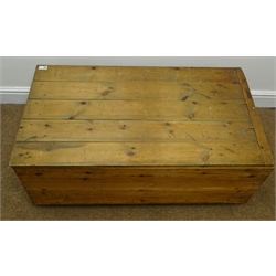  Mid 20th century boarded pine box, hinged lid, two side handles, W101cm, H38cm, D58cm  