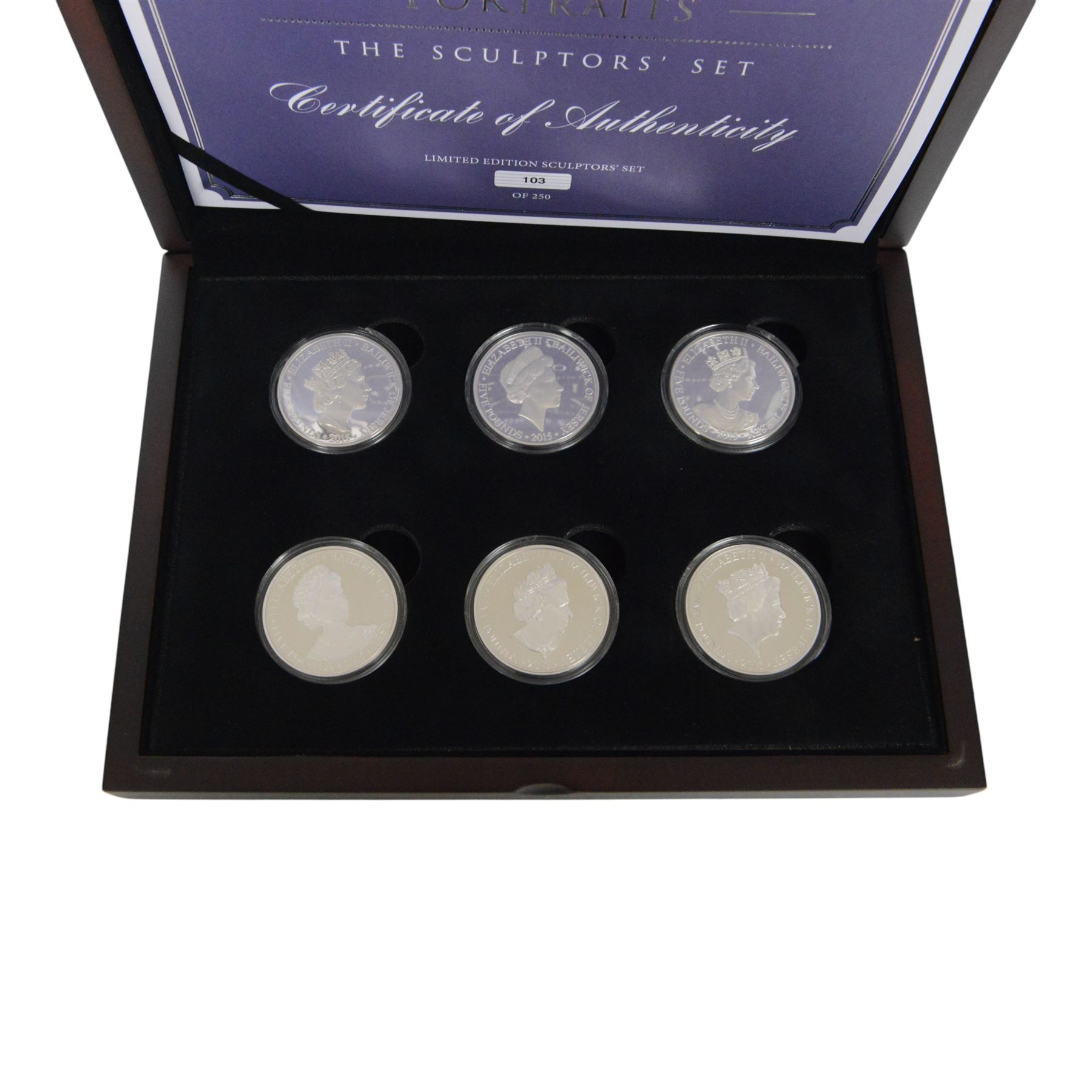 Queen Elizabeth II Jersey 2015 'H.M. Queen Elizabeth II Portraits The Sculptors' Set', comprising six silver proof five pound coins, cased with certificate