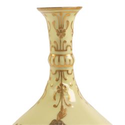 Pair of Royal Crown Derby bud vases, decorated with gilt floral sprigs upon a yellow ground, marked beneath, H14cm