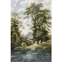 English School (British 20th century): Lakeside Sheep, oil on canvas unsigned 60cm x 40cm