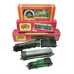 Hornby Dublo - 2-rail - Castle Class 4-6-0 locomotive 'Cardiff Castle' No.4075 with instructions and guarantee sheet; Type 1 (Class 20) Diesel Bo-Bo locomotive No.D8017; each in original box; and Class R1 0-6-0 tank locomotive No.31340 in BR green with 31337 on front; in unassociated Hornby R.396 box (3)