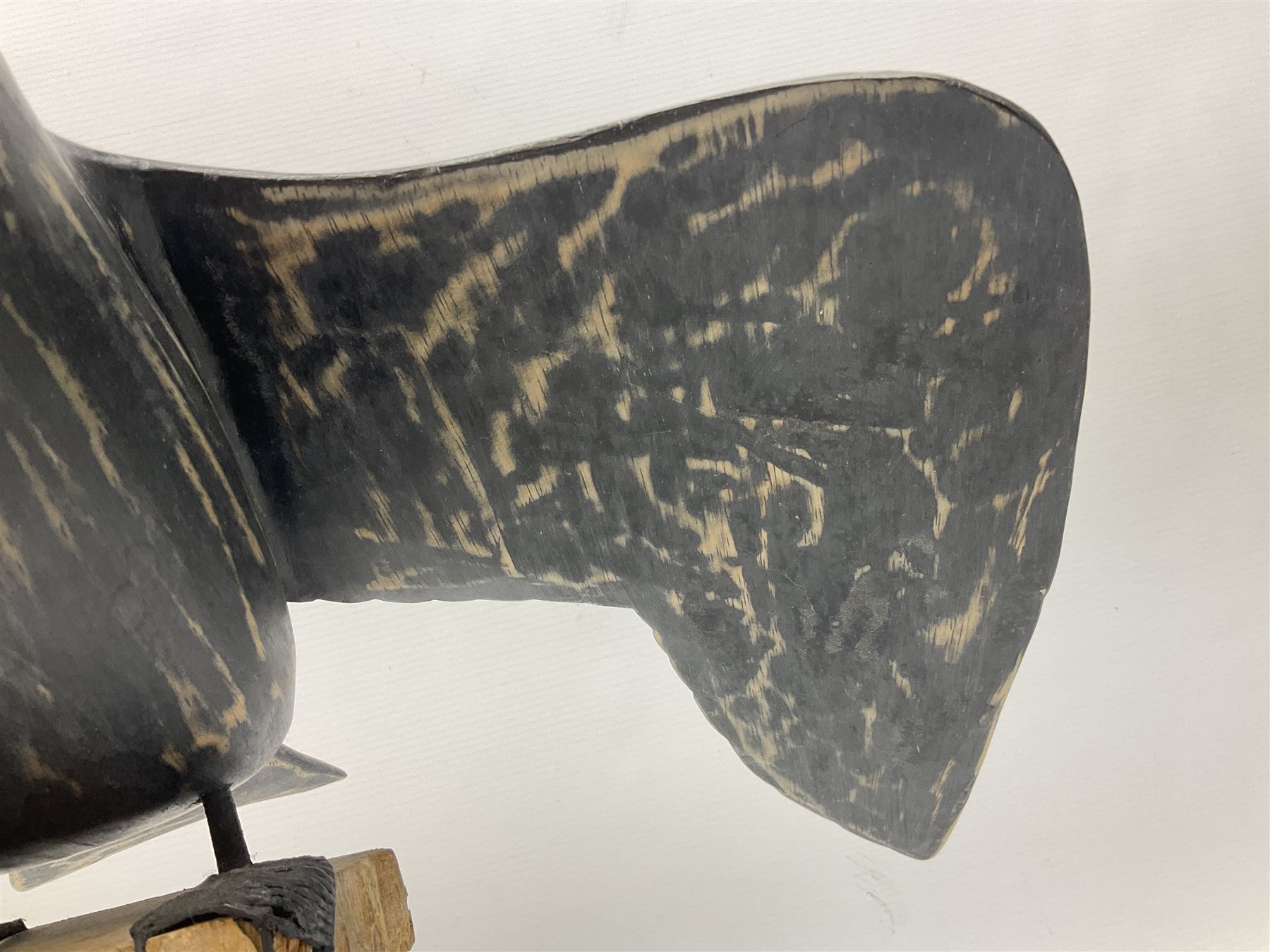 Wooden sculpture of Cormorant aquatic bird on a naturalistic wooden plinth, H46cm