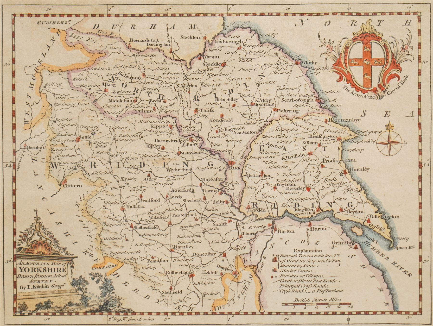 Thomas Kitchin (British 1719-1784): 'An Accurate Map of Yorkshire' and 'The North Riding of Yorkshire', two 18th century engraved maps with hand-colouring, together with an Owen & Bowen strip map of Pickering to Scarborough max 19cm x 24cm (3)