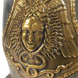 Two reproduction breast plates, including on example with Medusa to the front, H42cm