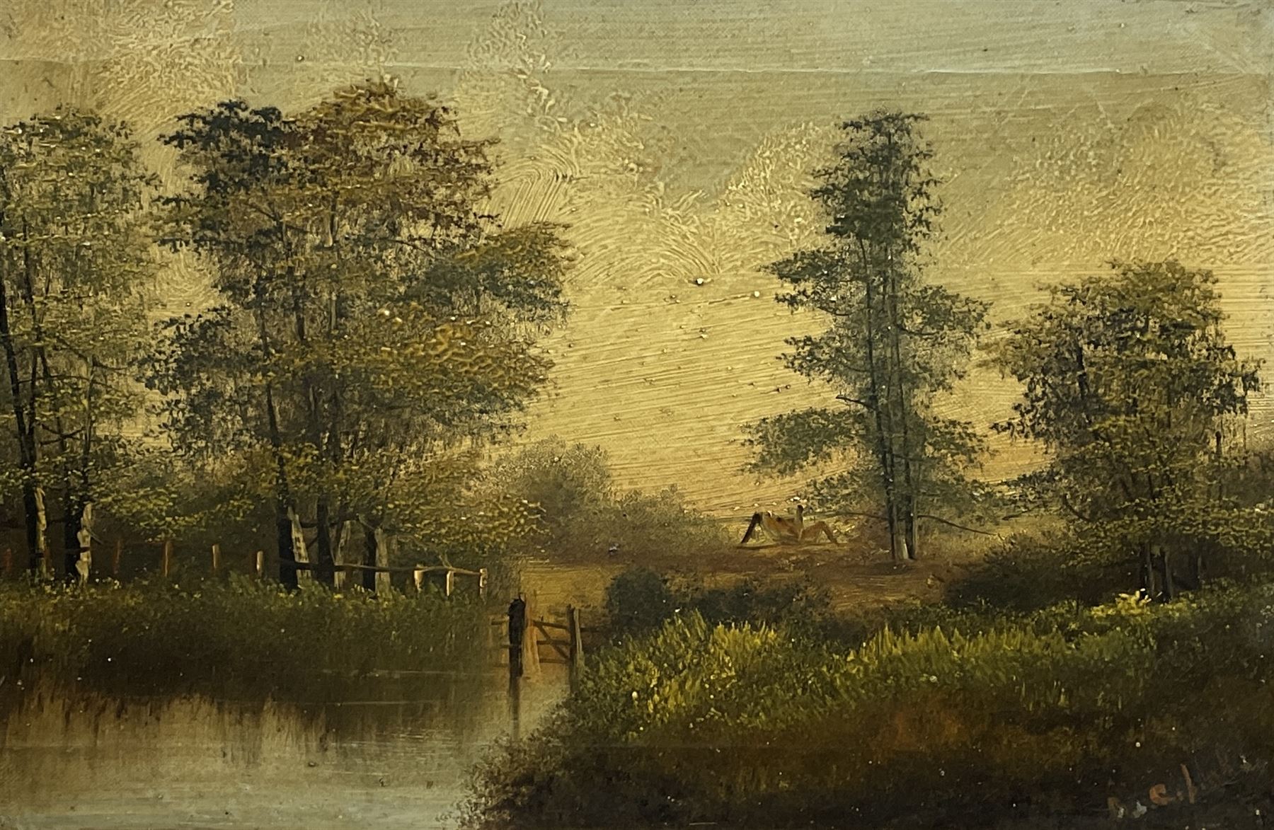 J Hill (British 19th century): River scene, oil on canvas signed and a Companion picture, oil indistinctly signed 19cm x 29cm (2)