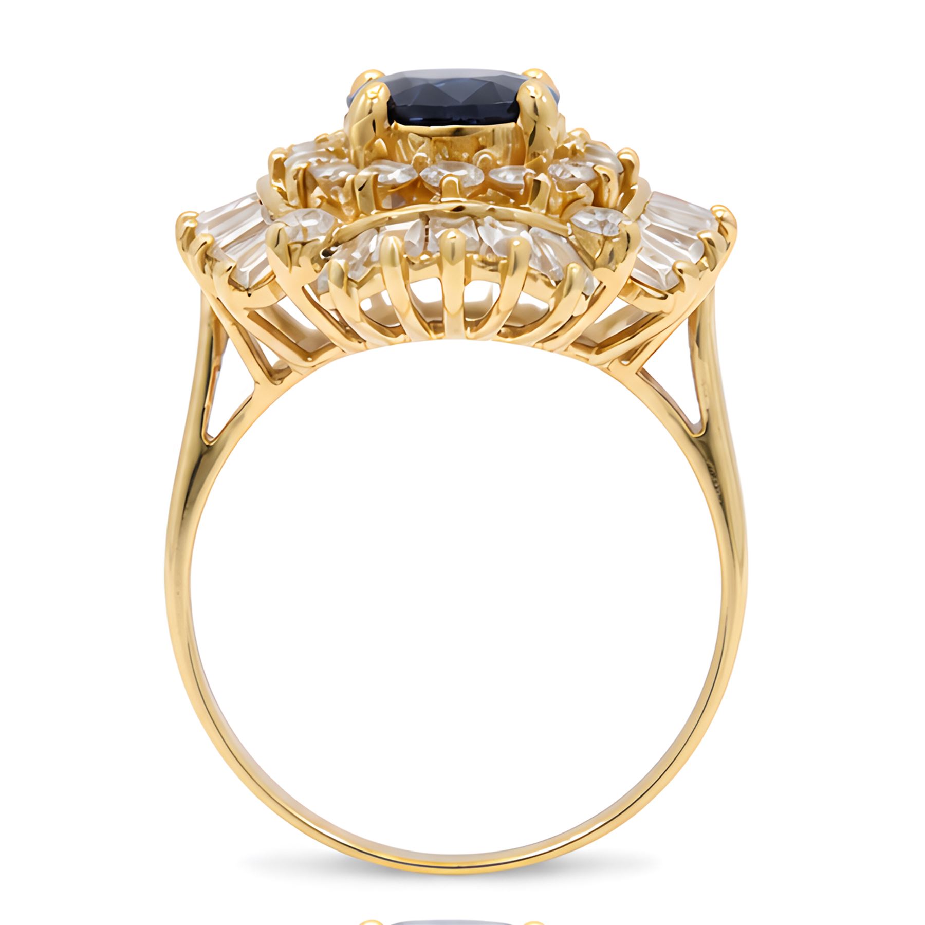 18ct gold sapphire and diamond cluster ring, single oval cut sapphire of approx 2.05 carat, surrounded by two rows of round brilliant cut and baguette cut diamonds, Sheffield import mark 1994, total round cut diamond weight approx 0.55 carat