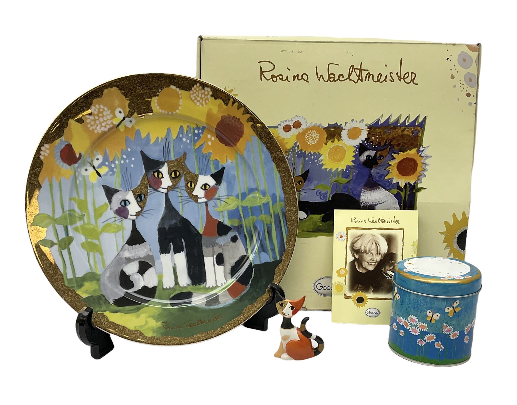 Goebel Rosina Wachtmeister cat figure and plate, both with original box, cat H8cm