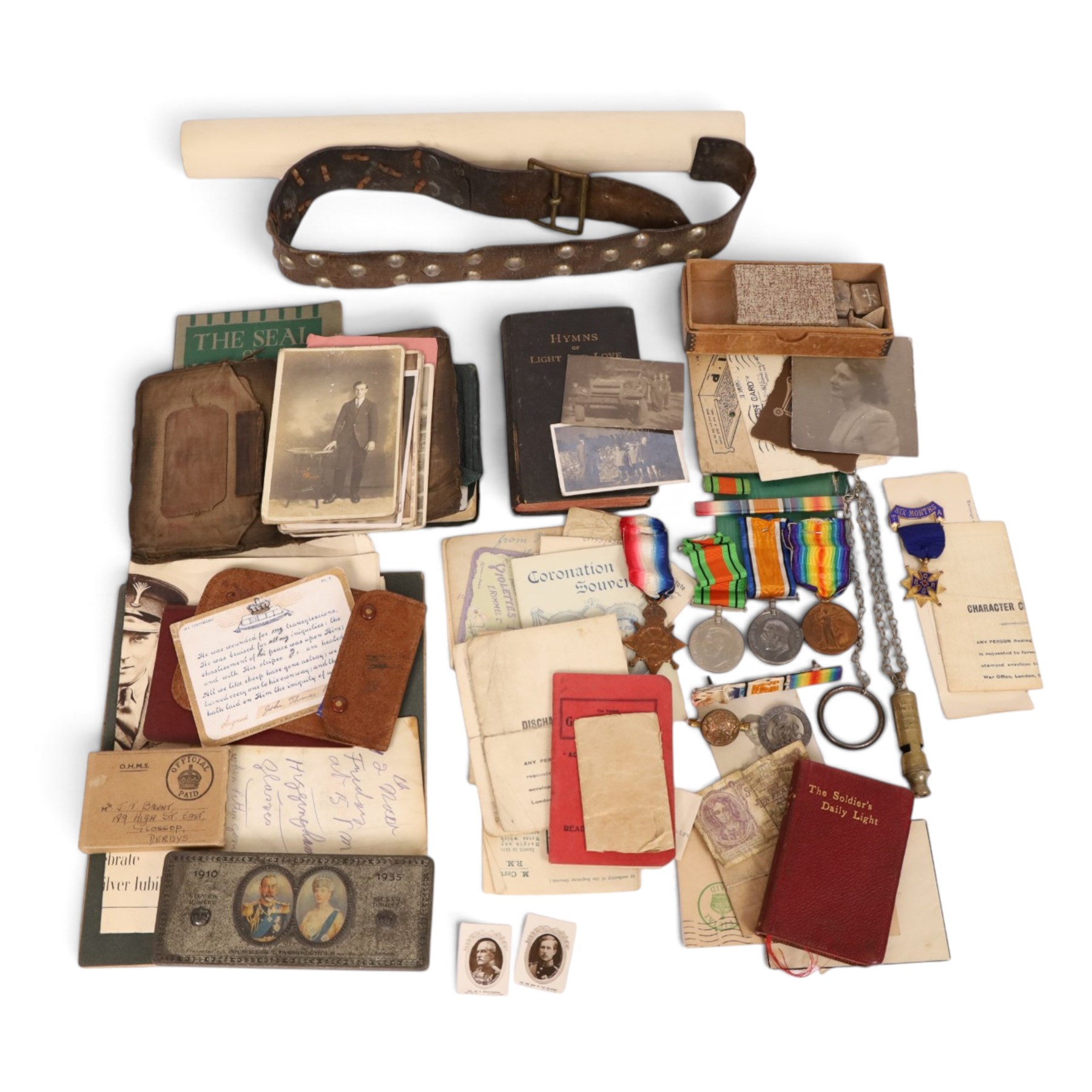 WWI British trio medal set, comprising 1945-15 Star, War medal and Victory medal, awarded to 14188 Pte J T Brunt Ches R, together with medal bar and ephemera relating to  Private John Thomas Brunt, including documentation for military service, gas injury at Ypres, postcards etc 