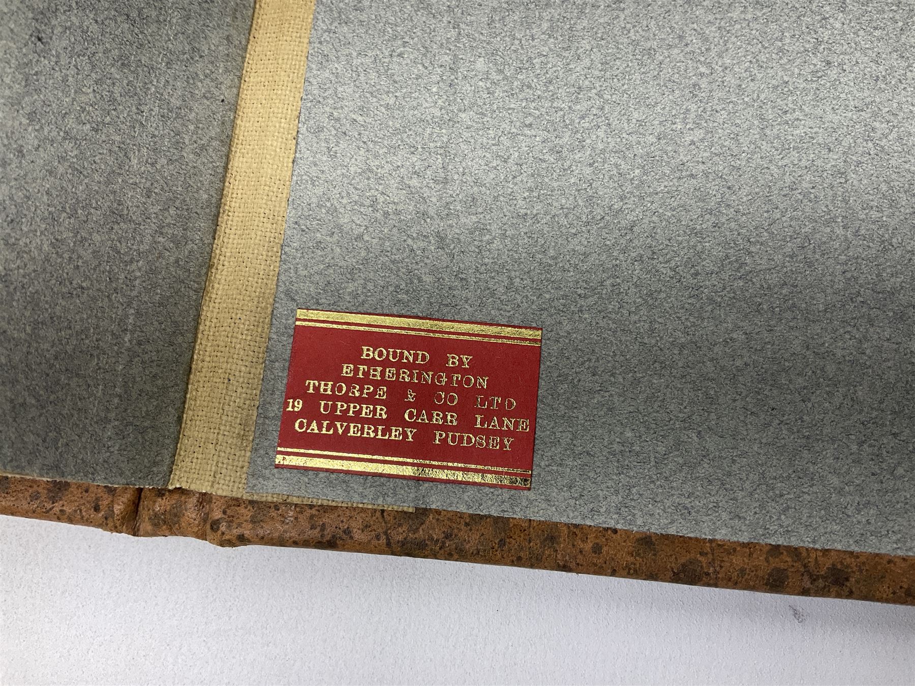 Samuel Buck: Ruins, Abbeys and Castles of Yorkshire. Bound collection of twenty-five engraved views dated 1720 - 1728 including Burstal Abbey Hull, Bolton Abbey, Whitby Abbey, Scarborough Castle, Malton Priory etc and list of subscribers; oblong folio; mottled half leather and suede binding by Etherington, Thorpe & Co., Pudsey