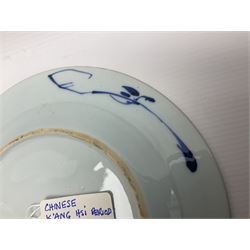 Japanese Meiji period Arita blue and white plate, of circular form, painted with riverside landscape and bird upon flowering branch, with character mark beneath, D24.5cm, together with two 18th century Chinese blue and white plates, each painted with floral design, each approximately D22.5cm