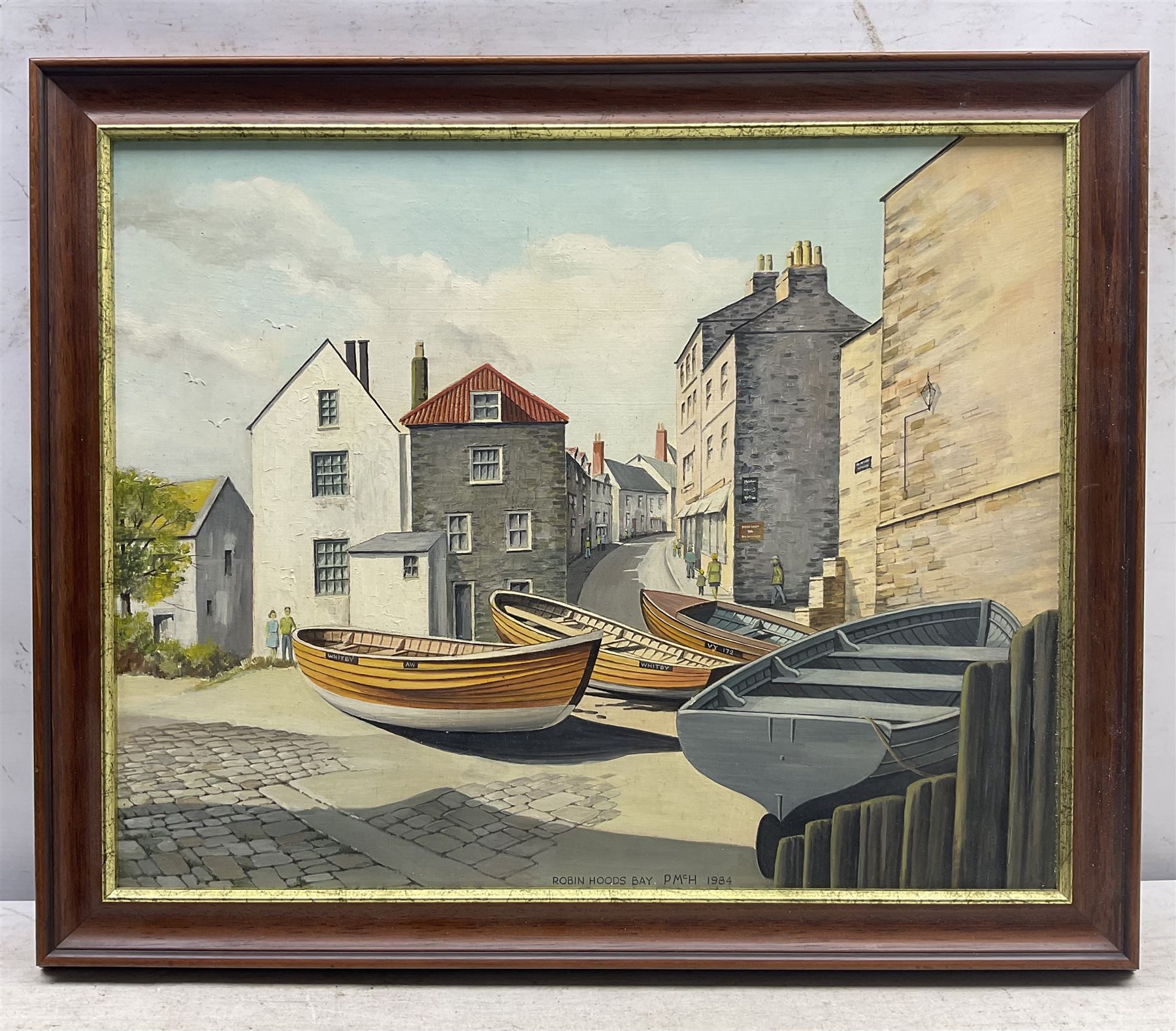 P McH**** (20th century): 'Robin Hoods Bay, oil on panel signed with initials titled and dated 1984, 39cm x 49cm