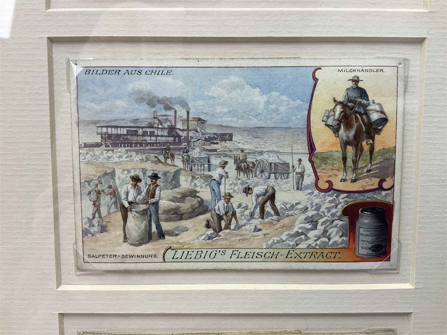 Six original illustrations for Liebig cards, mounted within a gilt frame, frame 71cm, W27cm