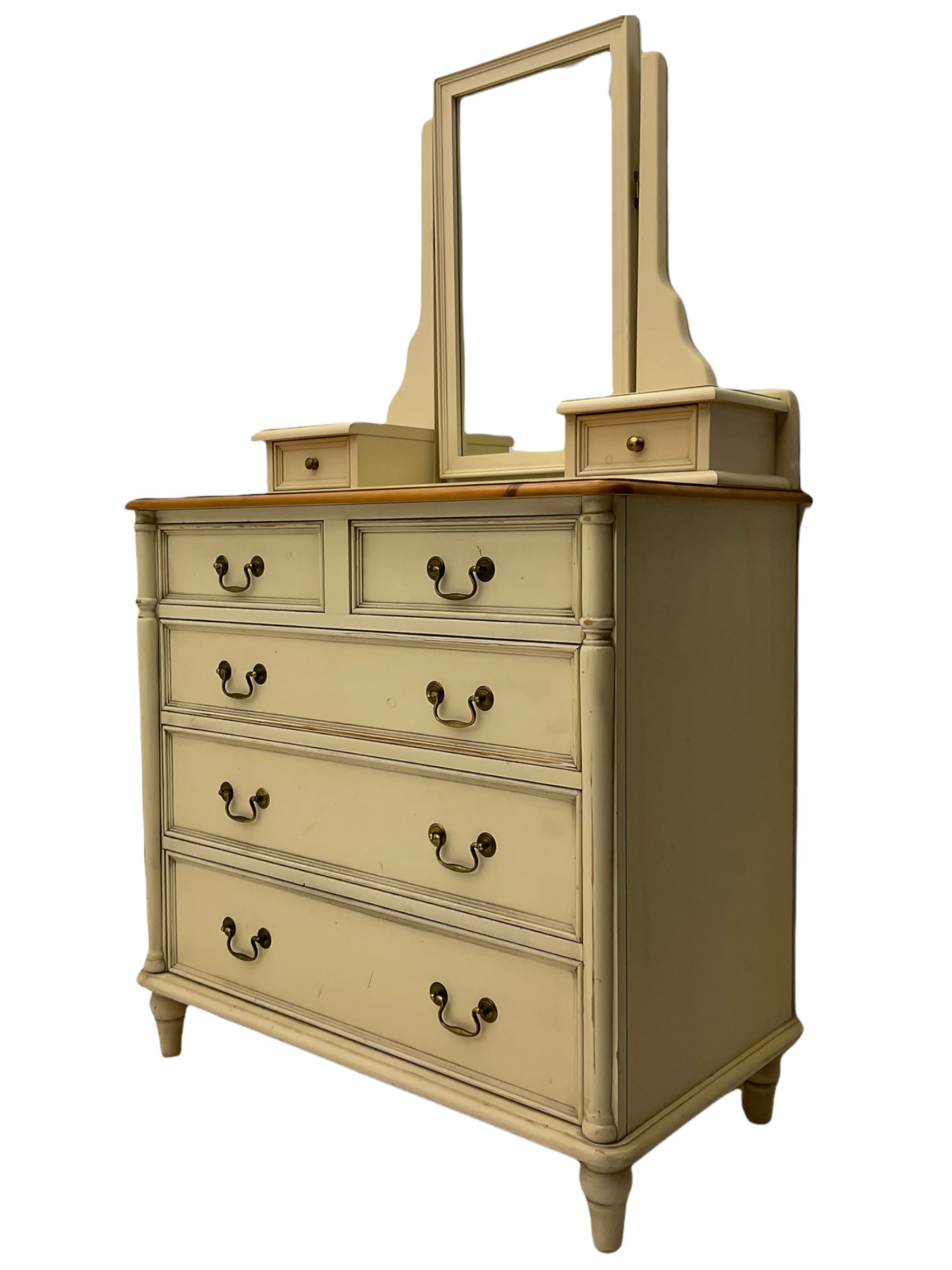 Laura Ashley pine and cream finish vanity chest, fitted with two short and three long drawers, swing mirror back