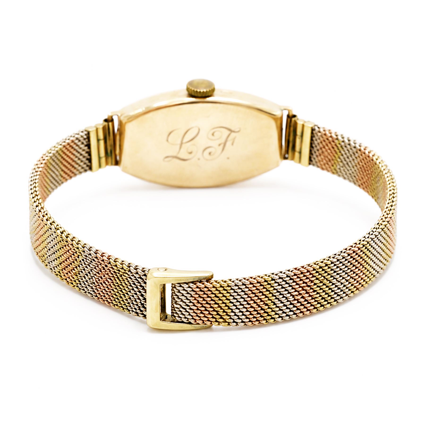 Omega early 20th century ladies 9ct rose gold manual wind wristwatch, silvered dial with Arabic hour markers, back case engraved with initials 'L.F', Edinburgh import mark 1931, on tri-coloured gold bracelet, with adjustable clasp, stamped 9ct