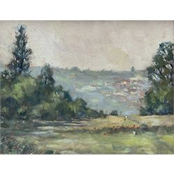 Christine M Pybus (British 1954-): 'Belvès' in the Dordogne, oil on board signed, titled and dated June '02 verso 18cm x 23cm