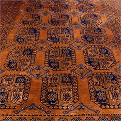Pakistani Bokhara hand-knotted carpet, camel field decorated with rows of large tekke style octagonal guls enclosing stylized geometric motifs, interspersed with small stepped diamond devices within multiple geometric borders, with fringe ends 