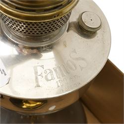 Brass table oil lamp of circular form, two Aladdin 23 lamps, Famos lamp and one other