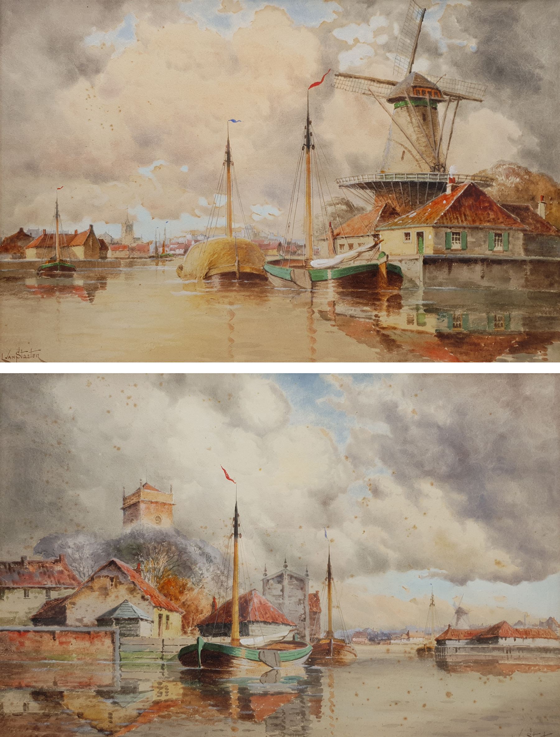 Louis Van Staaten (Dutch 1836-1909): 'On the Amster near Amsterdam' and 'Zuitephan', pair watercolours signed, titled on original ivorine plaques 39cm x 60cm (2)