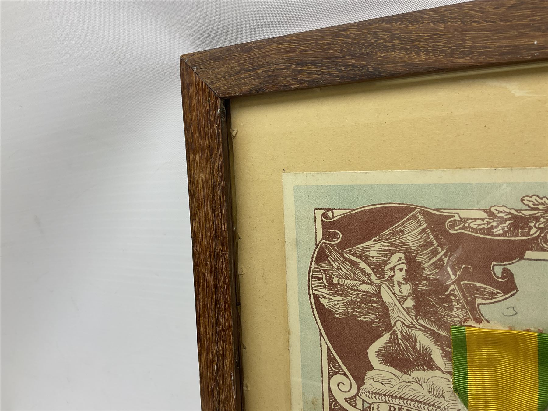 Six WW1 French medals comprising Valor Discipline 1870 3rd Republic Military Medal, Croix De Guerre with star, Croix Du Combattant, Medaille Inter-Alliee De La Victorie, Orient Medal and Medaille Commemorative De La Grande Guerre 1914-18; all with ribbons; mounted, framed and glazed with certificate named to Mr. Gebelin Herve Brigadier au 4th Chassrs. D'Afrique